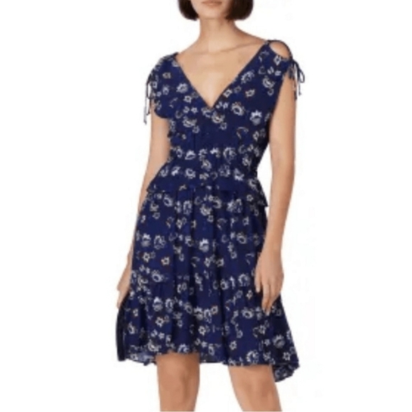 Thakoon Collective Floral Print Cold Shoulder Tie Mini Dress in Blue Sz 4 - Picture 1 of 7